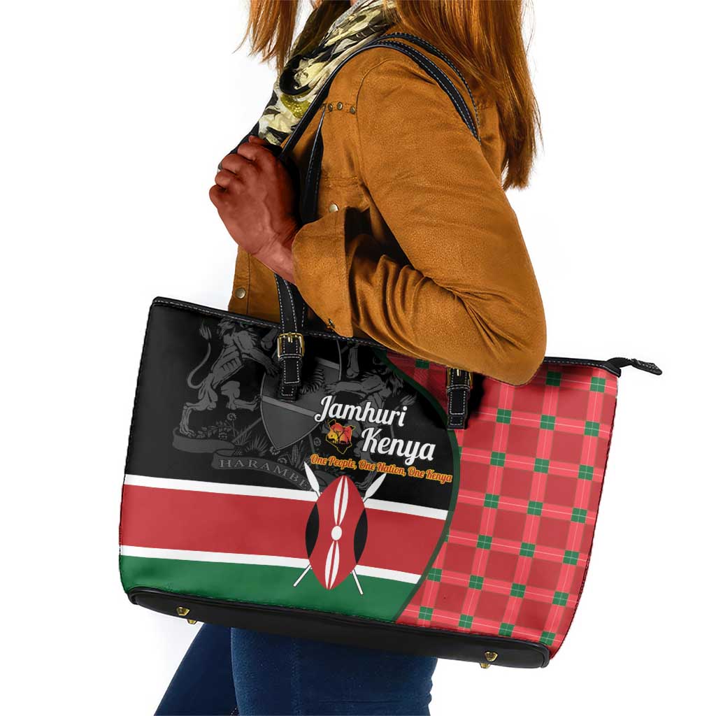Afro Jamhuri ya Kenya Leather Tote Bag One People One Nation Massai Shuka Pattern - African Pride