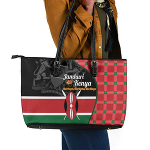 Afro Jamhuri ya Kenya Leather Tote Bag One People One Nation Massai Shuka Pattern - African Pride
