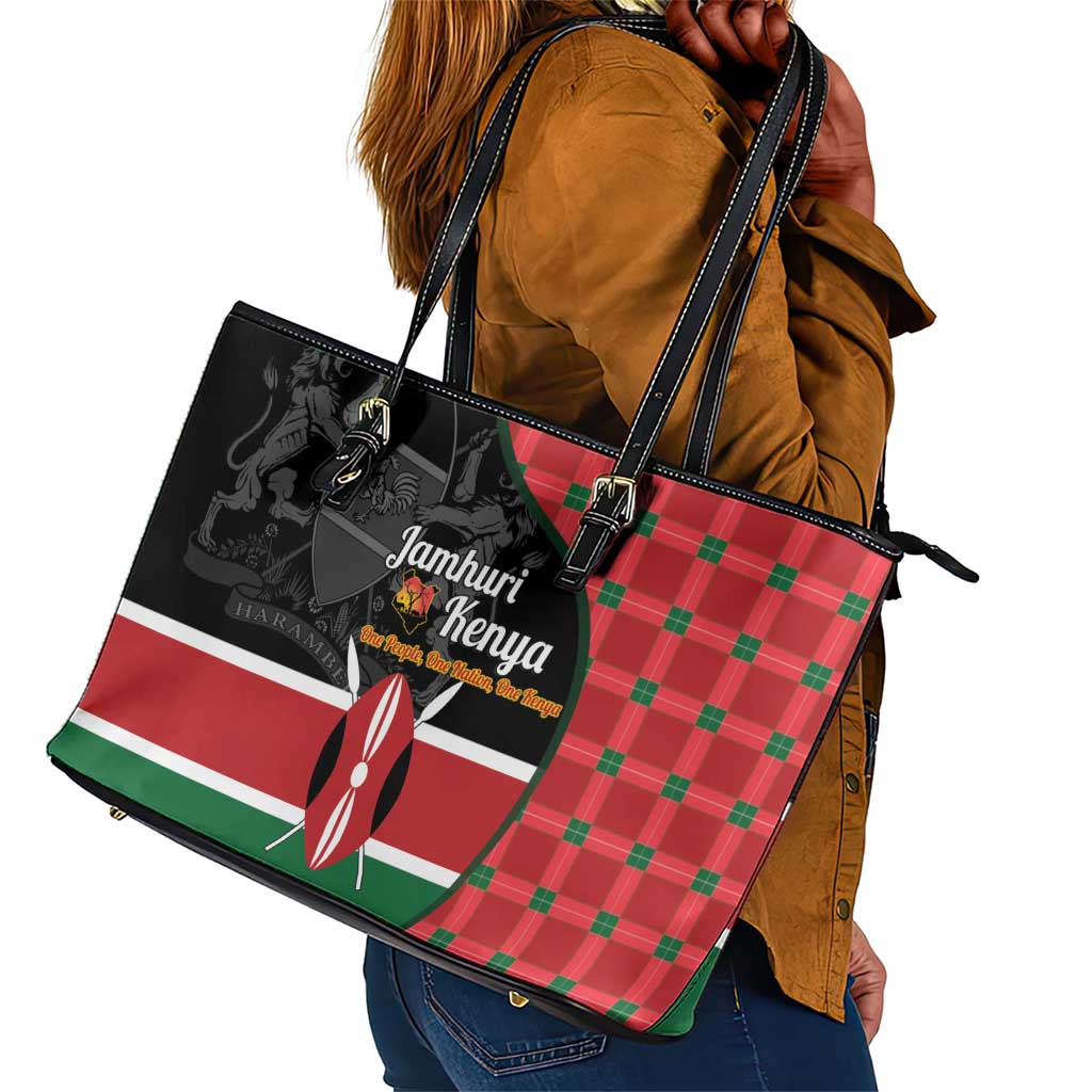 Afro Jamhuri ya Kenya Leather Tote Bag One People One Nation Massai Shuka Pattern - African Pride