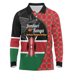 Afro Jamhuri ya Kenya Long Sleeve Polo Shirt One People One Nation Massai Shuka Pattern - African Pride
