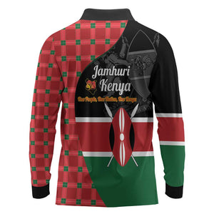 Afro Jamhuri ya Kenya Long Sleeve Polo Shirt One People One Nation Massai Shuka Pattern - African Pride