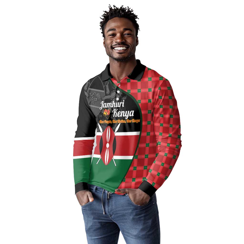 Afro Jamhuri ya Kenya Long Sleeve Polo Shirt One People One Nation Massai Shuka Pattern - African Pride