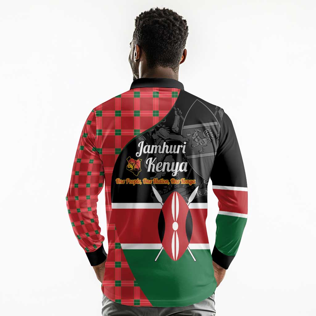 Afro Jamhuri ya Kenya Long Sleeve Polo Shirt One People One Nation Massai Shuka Pattern - African Pride