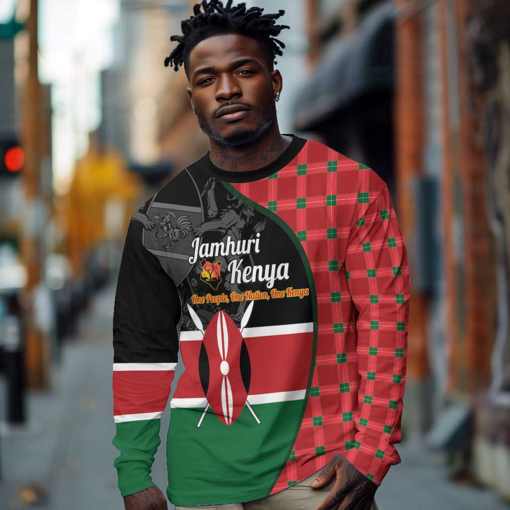 Afro Jamhuri ya Kenya Long Sleeve Shirt One People One Nation Massai Shuka Pattern - African Pride