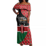 Afro Jamhuri ya Kenya Off Shoulder Maxi Dress One People One Nation Massai Shuka Pattern - African Pride