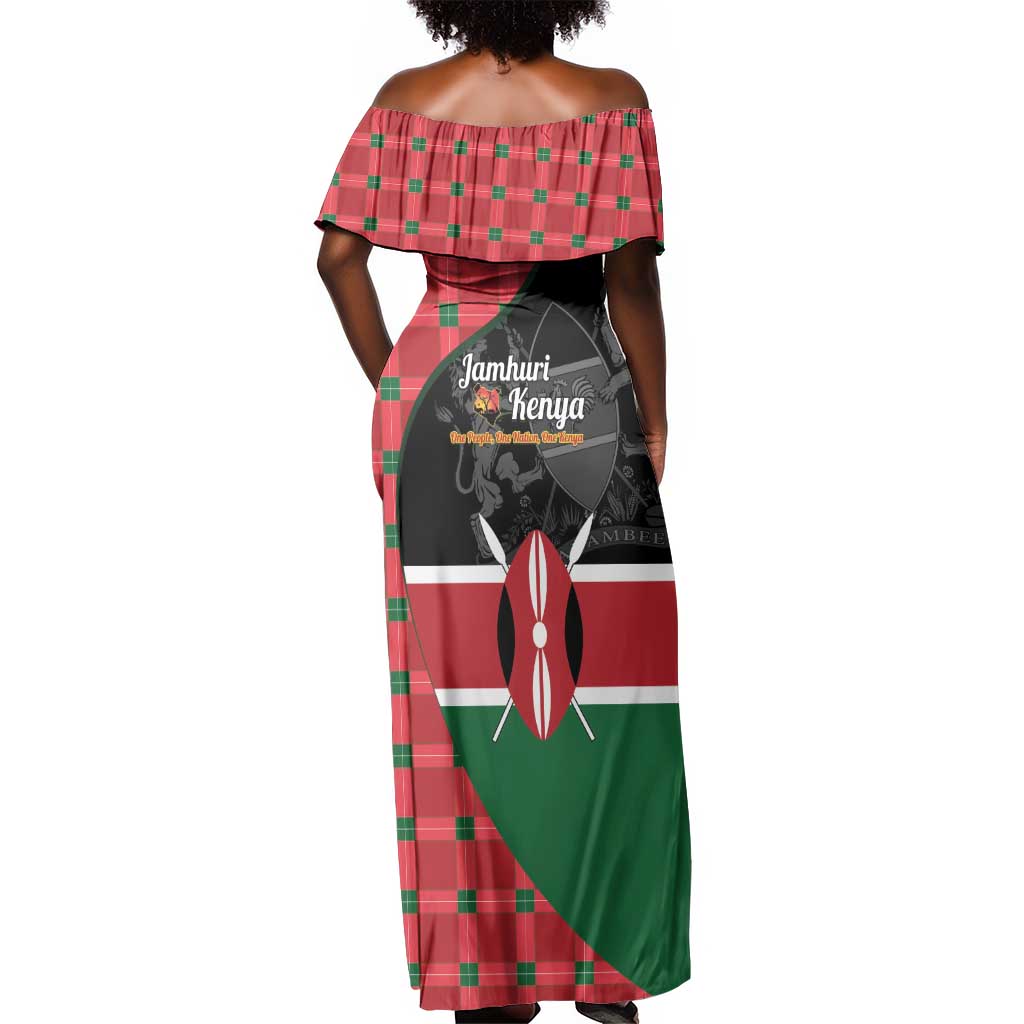 Afro Jamhuri ya Kenya Off Shoulder Maxi Dress One People One Nation Massai Shuka Pattern - African Pride