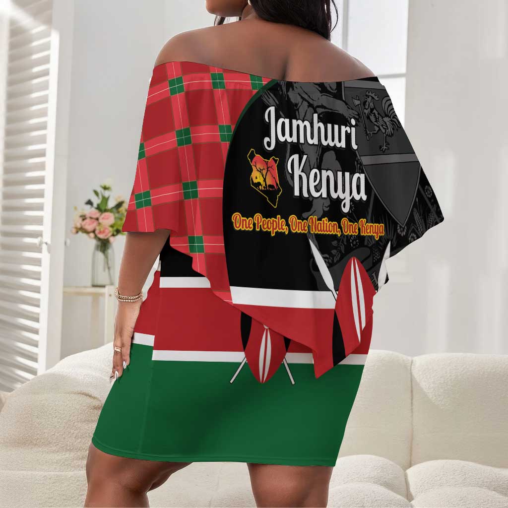Afro Jamhuri ya Kenya Off Shoulder Short Dress One People One Nation Massai Shuka Pattern - African Pride