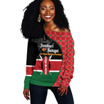 Afro Jamhuri ya Kenya Off Shoulder Sweater One People One Nation Massai Shuka Pattern - African Pride