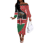 Afro Jamhuri ya Kenya Off The Shoulder Long Sleeve Dress One People One Nation Massai Shuka Pattern - African Pride