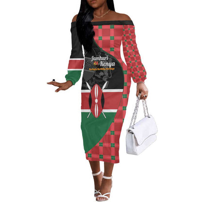 Afro Jamhuri ya Kenya Off The Shoulder Long Sleeve Dress One People One Nation Massai Shuka Pattern - African Pride