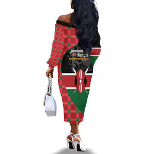 Afro Jamhuri ya Kenya Off The Shoulder Long Sleeve Dress One People One Nation Massai Shuka Pattern - African Pride