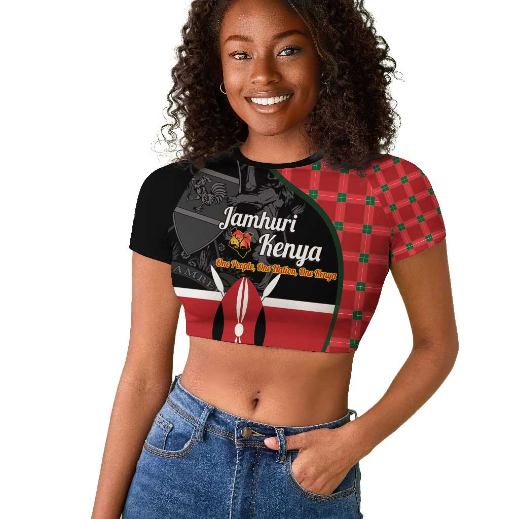 Afro Jamhuri ya Kenya Raglan Cropped T shirt One People One Nation Massai Shuka Pattern - African Pride