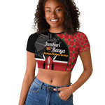 Afro Jamhuri ya Kenya Raglan Cropped T shirt One People One Nation Massai Shuka Pattern - African Pride