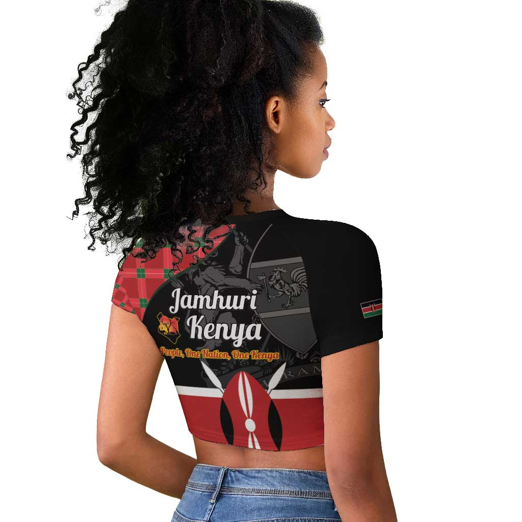 Afro Jamhuri ya Kenya Raglan Cropped T shirt One People One Nation Massai Shuka Pattern - African Pride
