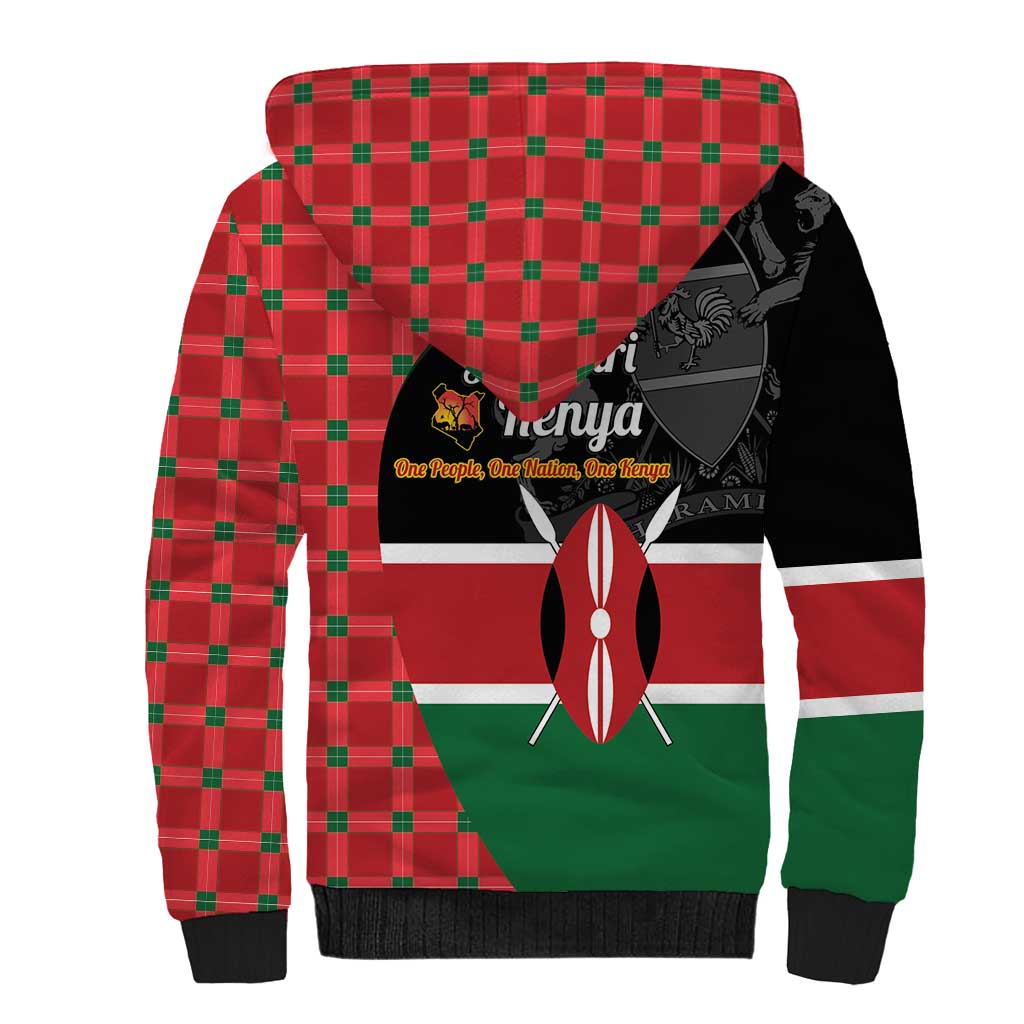 Afro Jamhuri ya Kenya Sherpa Hoodie One People One Nation Massai Shuka Pattern - African Pride