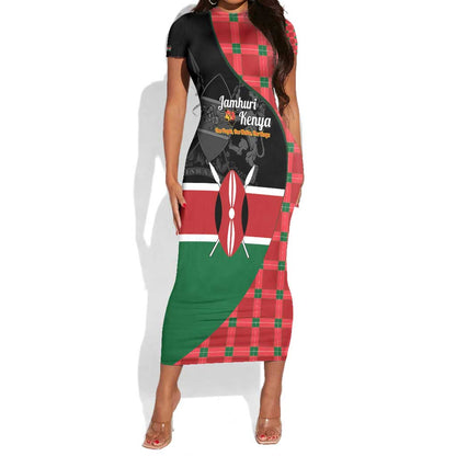 Afro Jamhuri ya Kenya Short Sleeve Bodycon Dress One People One Nation Massai Shuka Pattern - African Pride