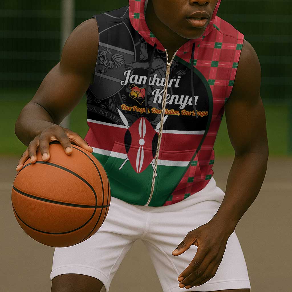 Afro Jamhuri ya Kenya Sleeveless Zip Hoodie One People One Nation Massai Shuka Pattern - African Pride