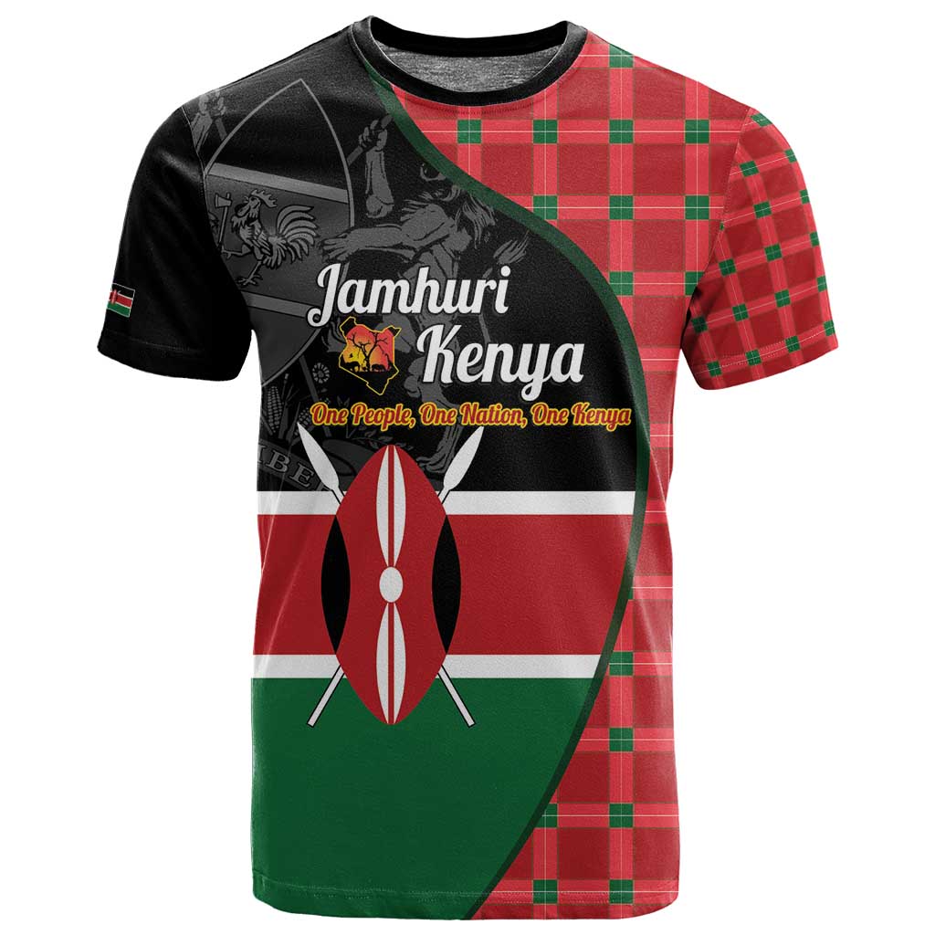 Afro Jamhuri ya Kenya T shirt One People One Nation Massai Shuka Pattern - African Pride