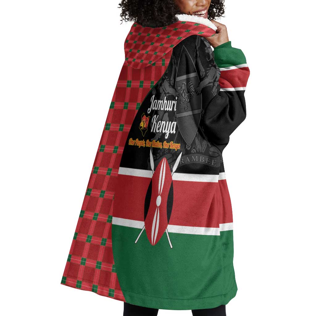 Afro Jamhuri ya Kenya Wearable Blanket Hoodie One People One Nation Massai Shuka Pattern - African Pride