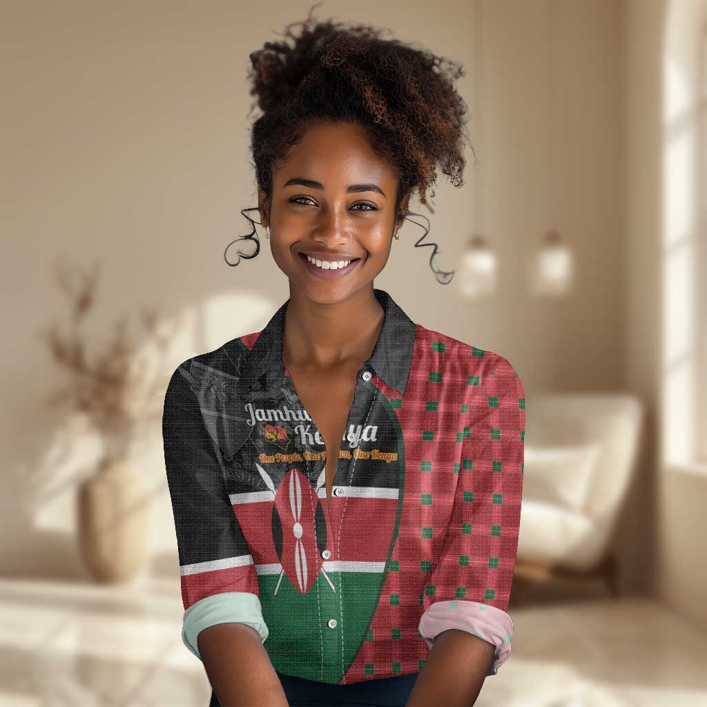 Afro Jamhuri ya Kenya Women Casual Shirt One People One Nation Massai Shuka Pattern - African Pride