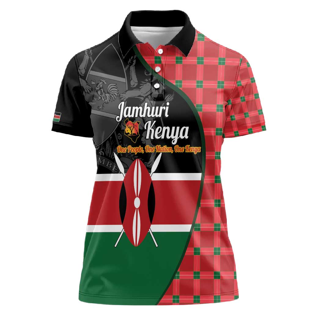 Afro Jamhuri ya Kenya Women Polo Shirt One People One Nation Massai Shuka Pattern - African Pride