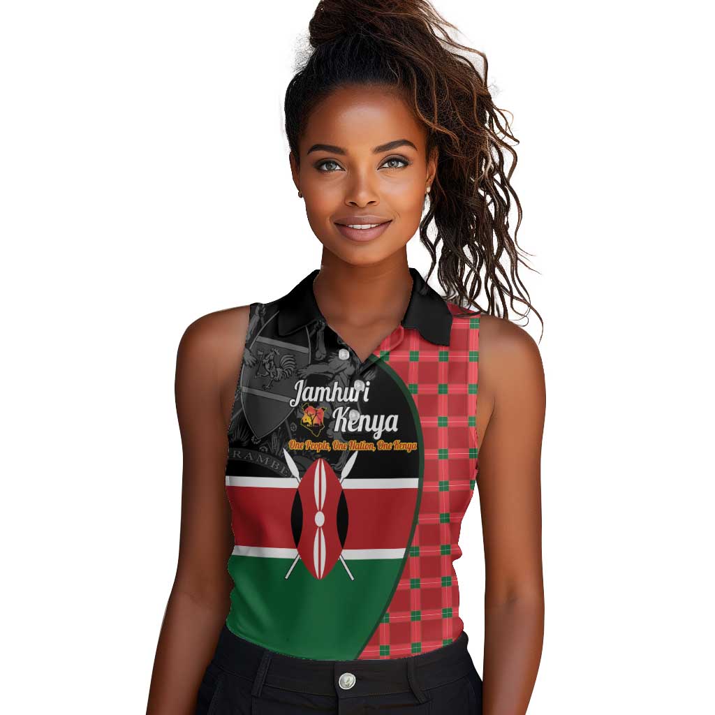 Afro Jamhuri ya Kenya Women Sleeveless Polo Shirt One People One Nation Massai Shuka Pattern - African Pride