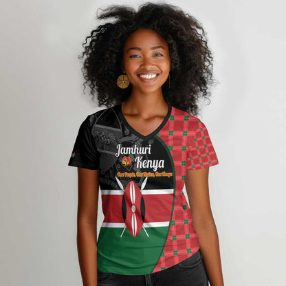 Afro Jamhuri ya Kenya Women V-Neck T-Shirt One People One Nation Massai Shuka Pattern - African Pride