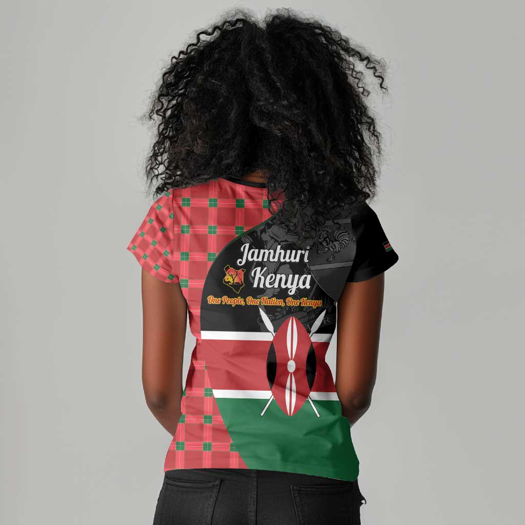 Afro Jamhuri ya Kenya Women V-Neck T-Shirt One People One Nation Massai Shuka Pattern - African Pride