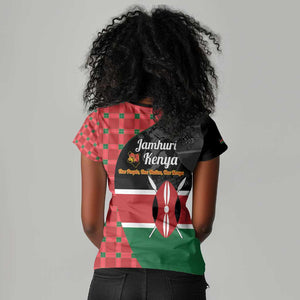 Afro Jamhuri ya Kenya Women V-Neck T-Shirt One People One Nation Massai Shuka Pattern - African Pride