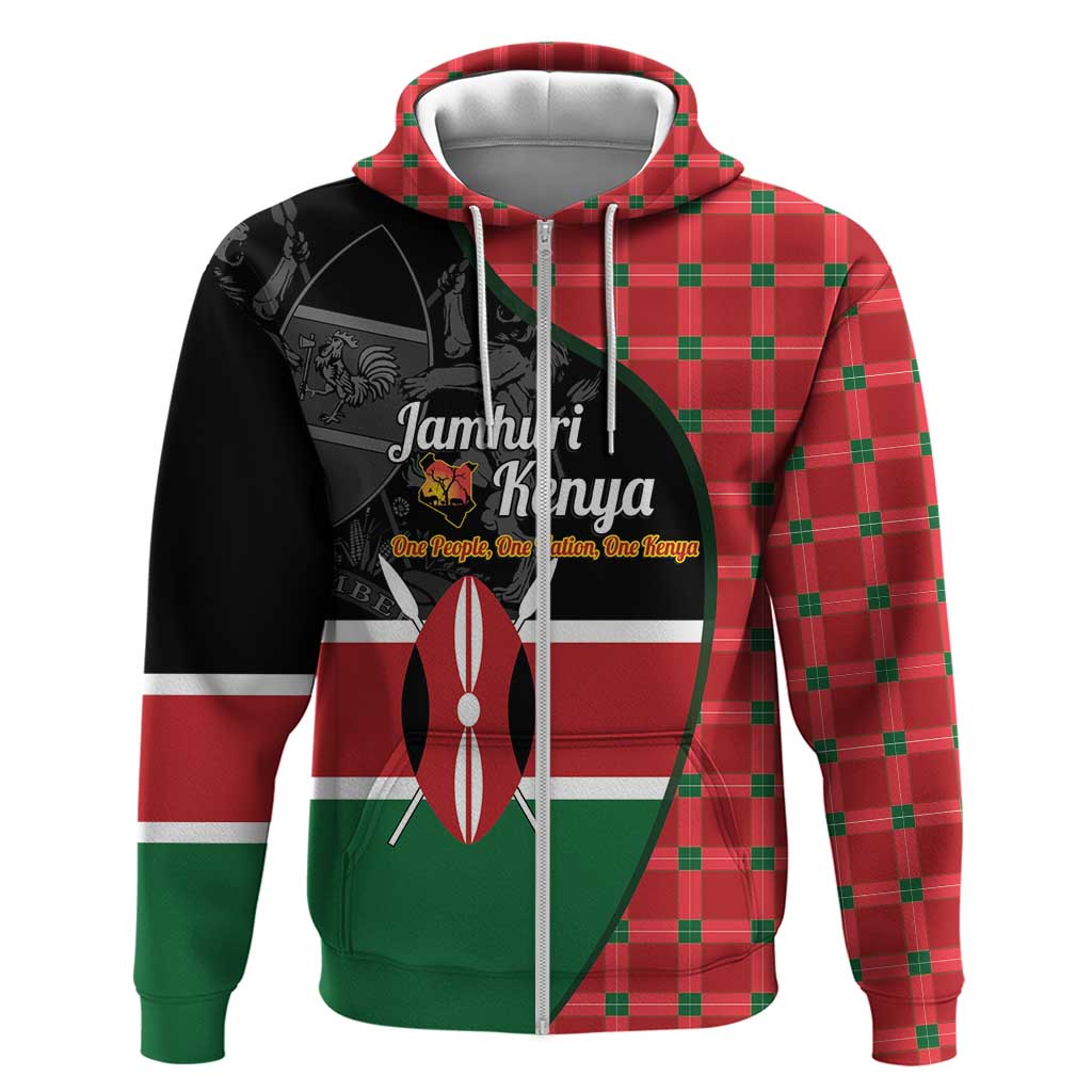 Afro Jamhuri ya Kenya Zip Hoodie One People One Nation Massai Shuka Pattern - African Pride