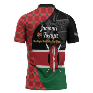 Kenya Jamhuri Day Zipper Polo Shirt One People One Nation Massai Shuka Pattern