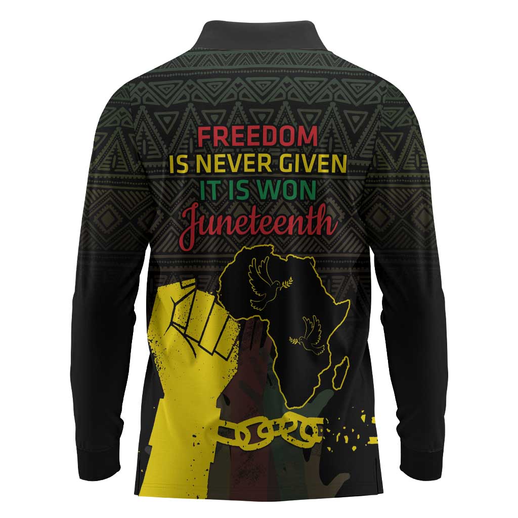 Juneteenth Freedom Day Long Sleeve Polo Shirt 1865 Black Independence African Pattern