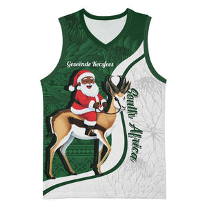 South Africa Christmas In July Basketball Jersey Geseende Kersfees Springbok Black Santa - African Pride