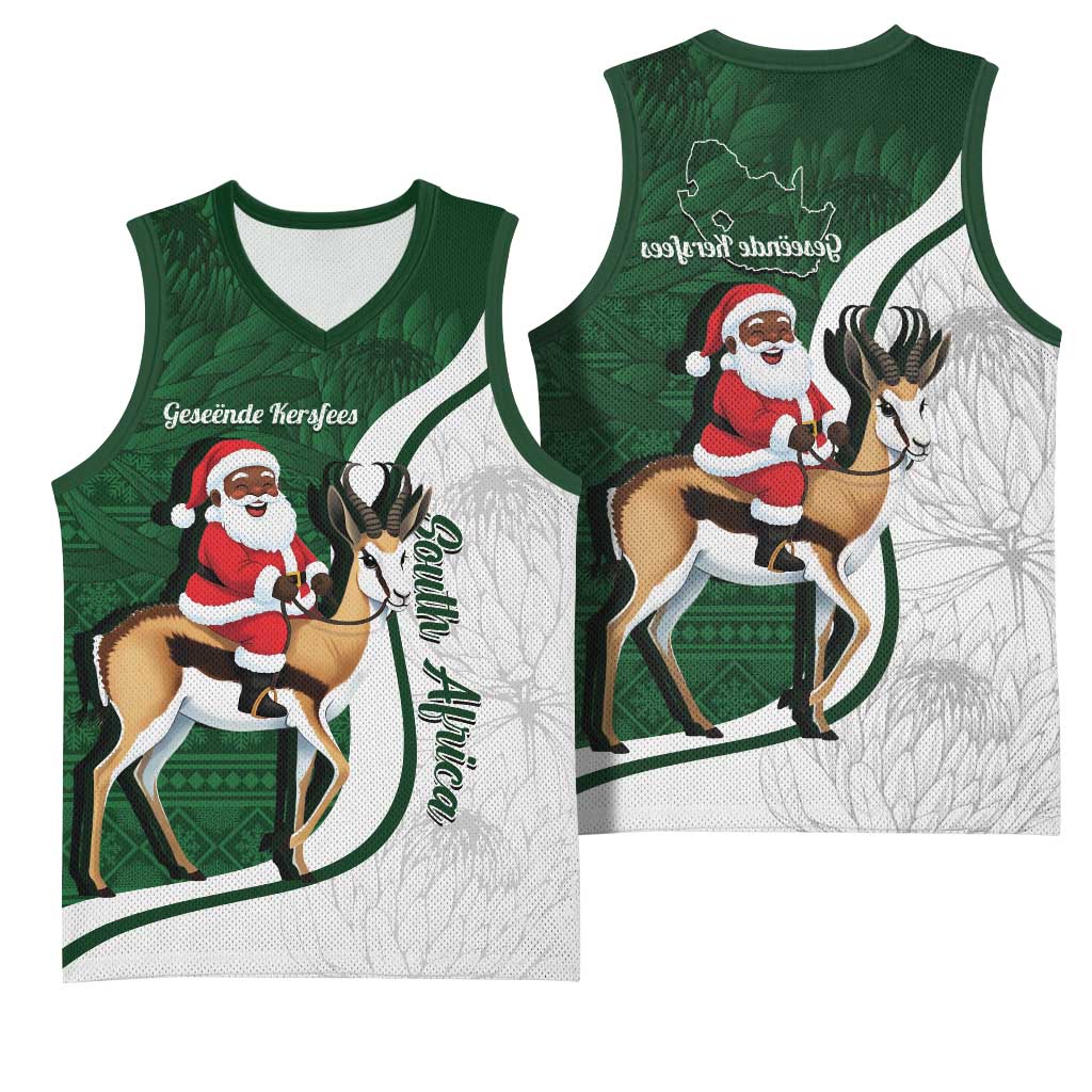South Africa Christmas In July Basketball Jersey Geseende Kersfees Springbok Black Santa - African Pride