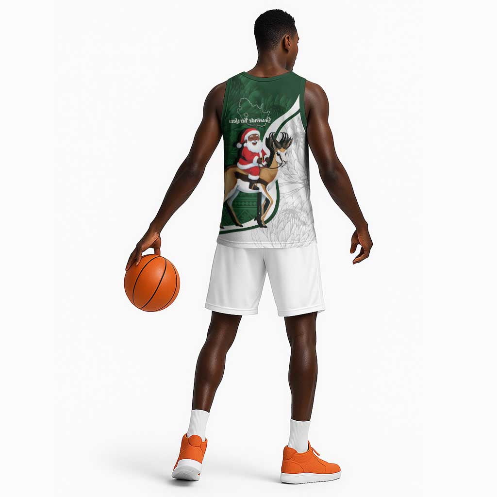 South Africa Christmas In July Basketball Jersey Geseende Kersfees Springbok Black Santa - African Pride