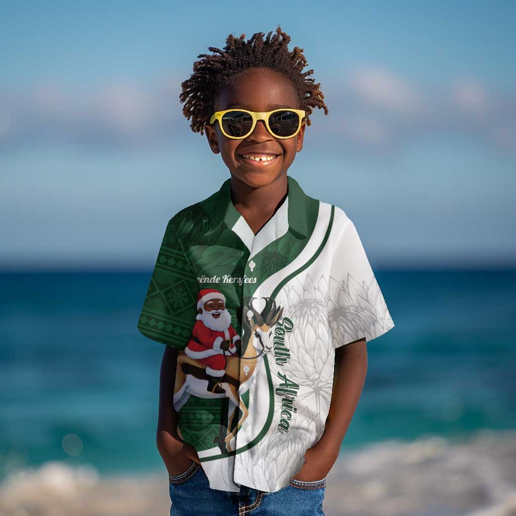 South Africa Christmas In July Kid Hawaiian Shirt Geseende Kersfees Springbok Black Santa