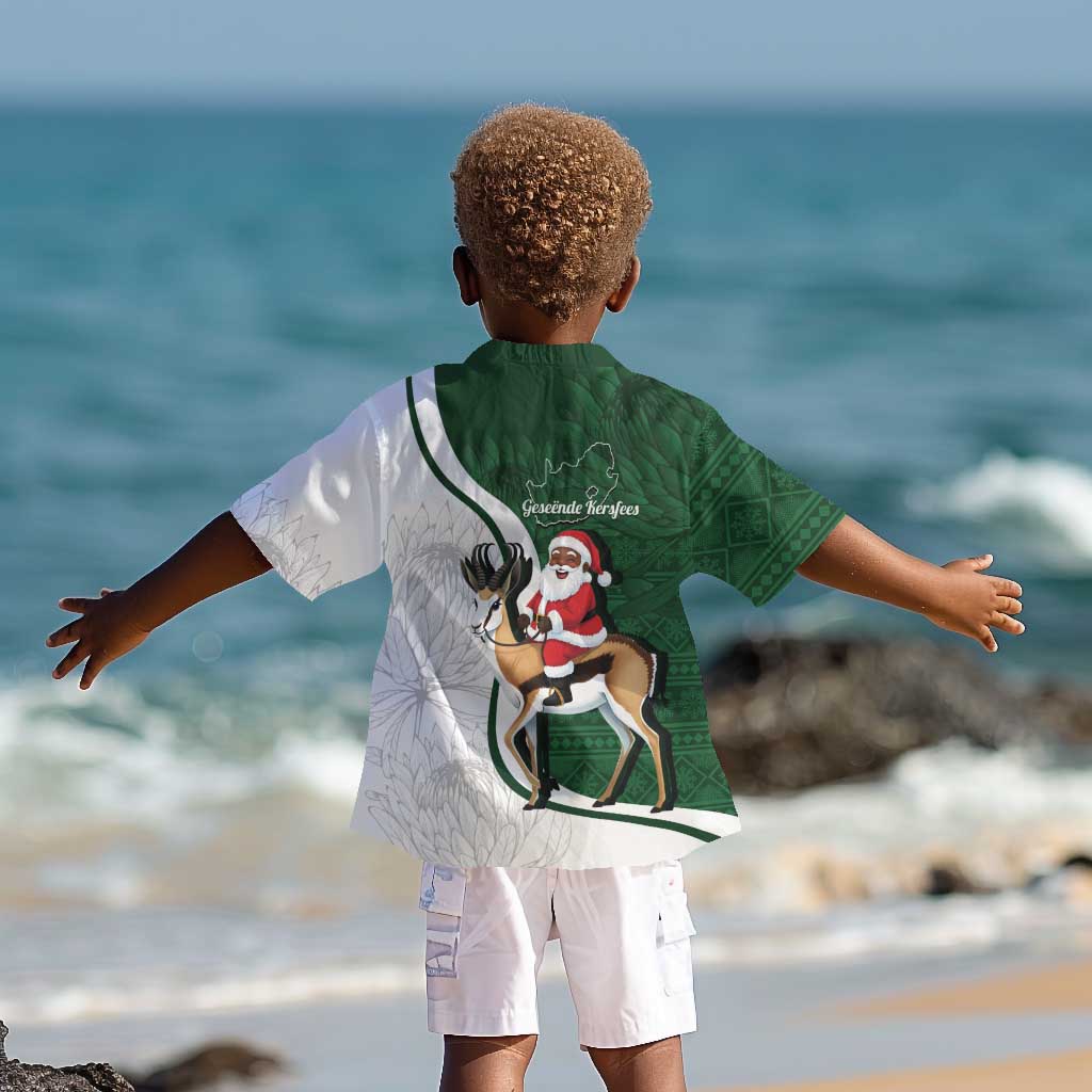 South Africa Christmas In July Kid Hawaiian Shirt Geseende Kersfees Springbok Black Santa