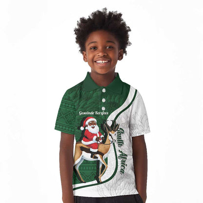 South Africa Christmas In July Kid Polo Shirt Geseende Kersfees Springbok Black Santa