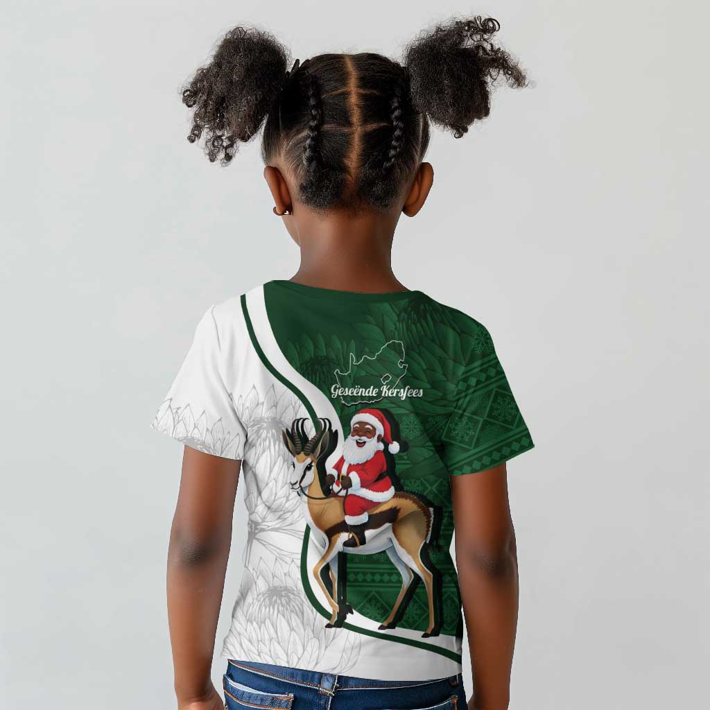 South Africa Christmas In July Kid T shirt Geseende Kersfees Springbok Black Santa