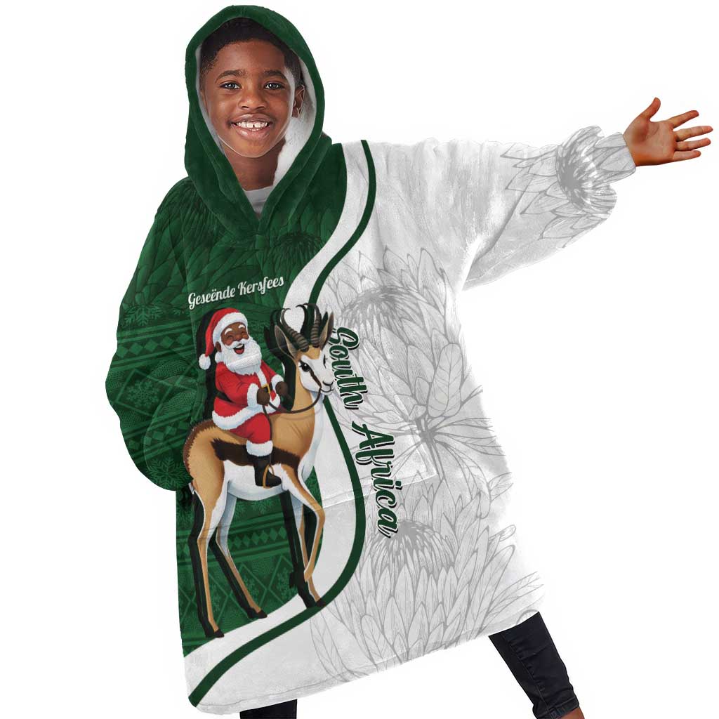 South Africa Christmas In July Kid Wearable Blanket Hoodie Geseende Kersfees Springbok Black Santa