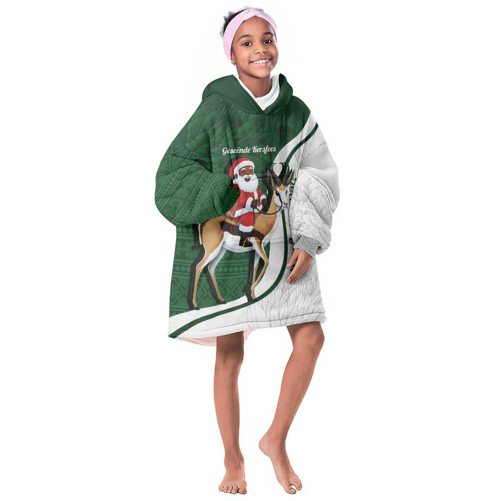South Africa Christmas In July Kid Wearable Blanket Hoodie Geseende Kersfees Springbok Black Santa
