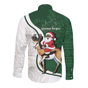 South Africa Christmas In July Long Sleeve Button Shirt Geseende Kersfees Springbok Black Santa