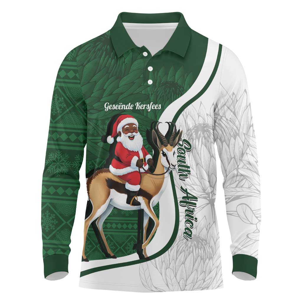 South Africa Christmas In July Long Sleeve Polo Shirt Geseende Kersfees Springbok Black Santa