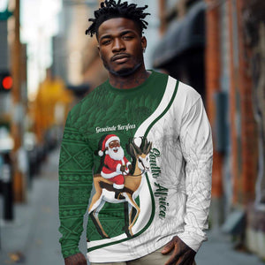 South Africa Christmas In July Long Sleeve Shirt Geseende Kersfees Springbok Black Santa