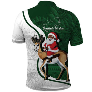 South Africa Christmas In July Polo Shirt Geseende Kersfees Springbok Black Santa