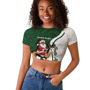 South Africa Christmas In July Raglan Cropped T shirt Geseende Kersfees Springbok Black Santa