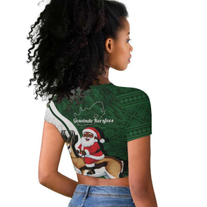 South Africa Christmas In July Raglan Cropped T shirt Geseende Kersfees Springbok Black Santa