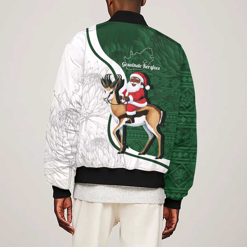 South Africa Christmas In July Sleeve Zip Bomber Jacket Geseende Kersfees Springbok Black Santa