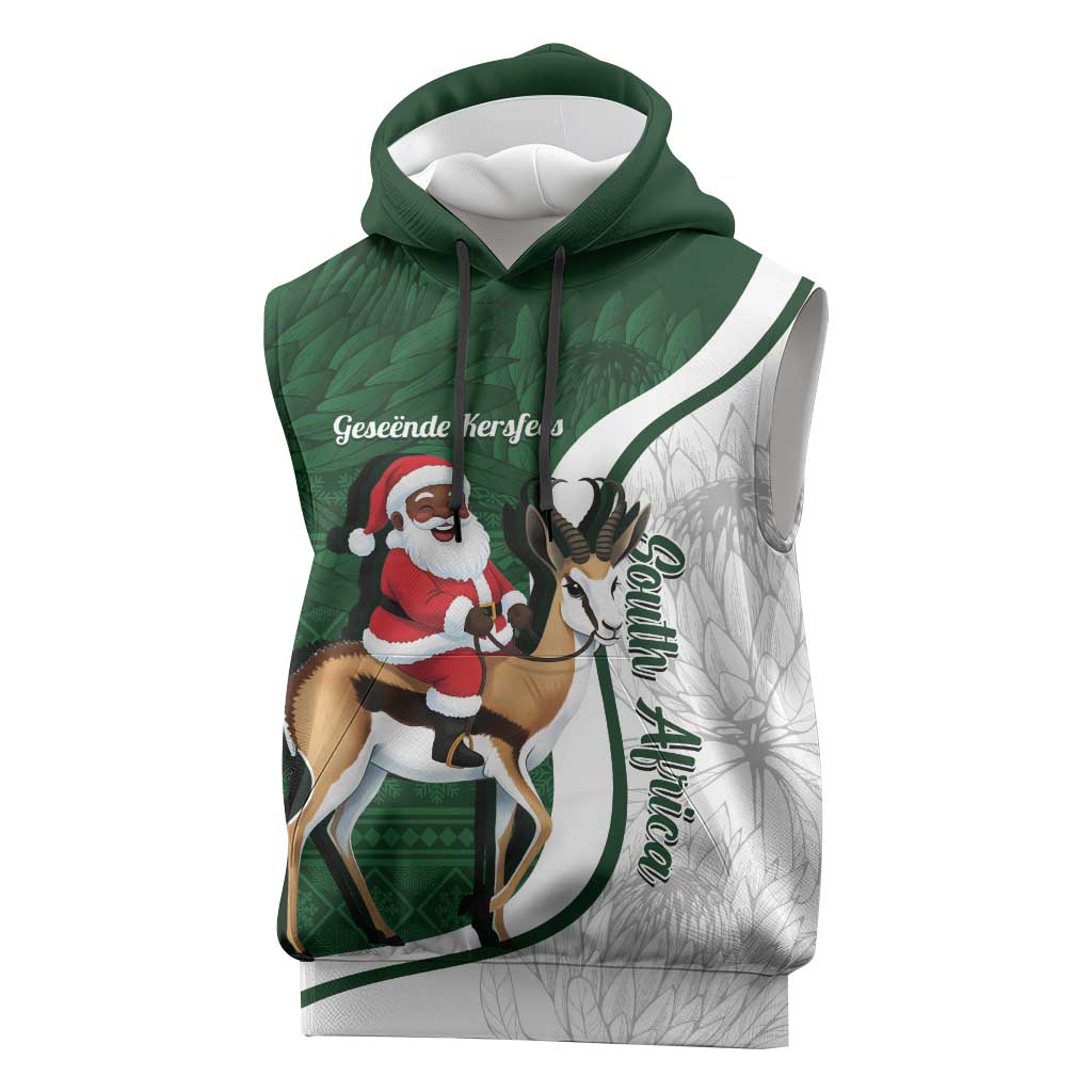 South Africa Christmas In July Sleeveless Hoodie Geseende Kersfees Springbok Black Santa - African Pride