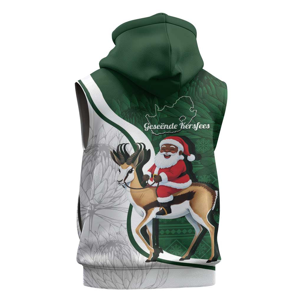 South Africa Christmas In July Sleeveless Hoodie Geseende Kersfees Springbok Black Santa - African Pride